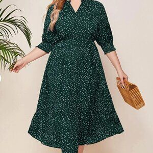 SHEIN Green Polka Dot Midi Dress With 3/4 Sleeves | Size 2XL